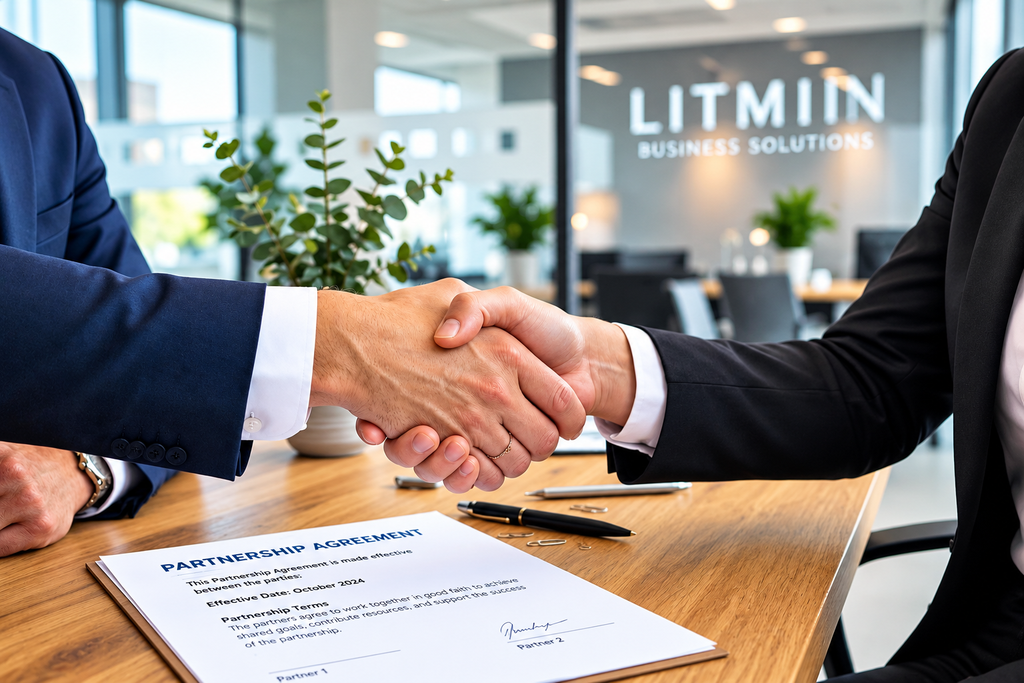 Business partners shaking hands over partnership agreement document at LITMIN Business Solutions office