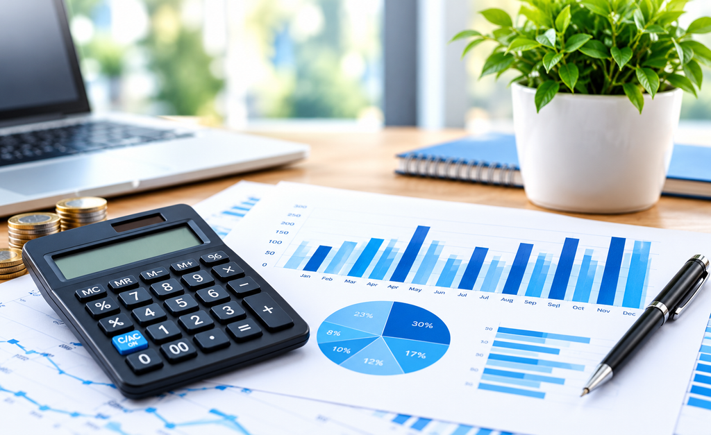 AffordablyUSA calculators and online tools - financial calculator on expense charts with blue bar graphs and pie chart on desk