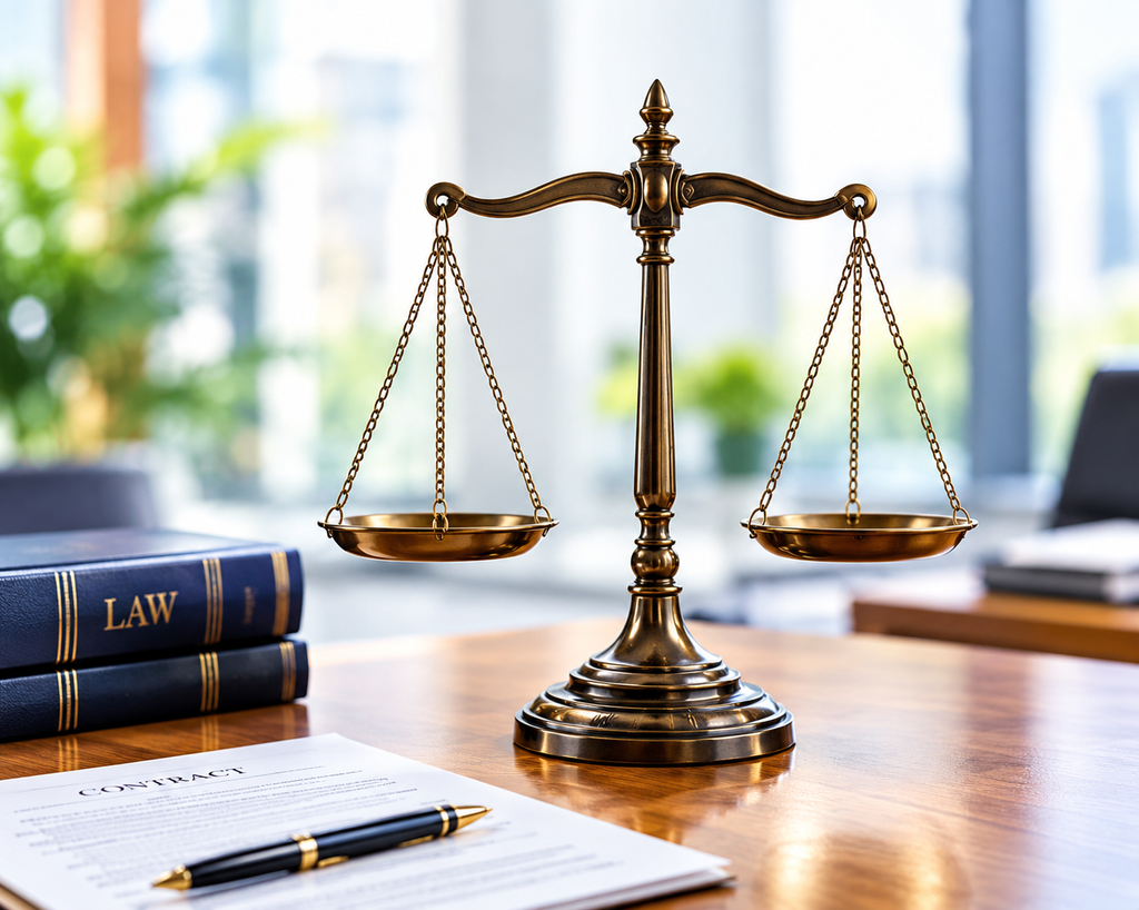 Bronze scales of justice with law books and contract on office desk