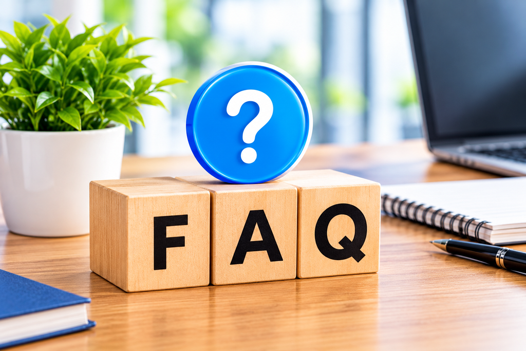 Wooden blocks spelling FAQ with blue question mark icon on office desk
