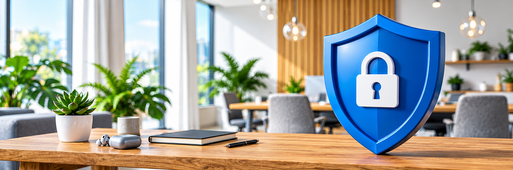 Privacy Policy banner showing blue security shield with lock icon in modern office setting - Your privacy matters at AffordablyUSA