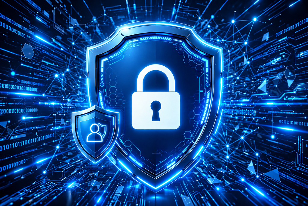 Cybersecurity protection concept - Glowing blue shield with padlock icon representing data security and privacy protection on digital background