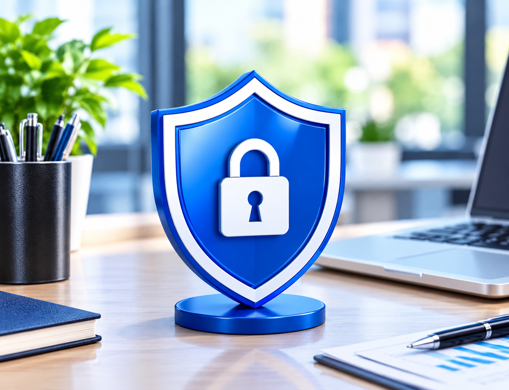 Blue 3D security shield with white padlock icon standing on modern office desk representing data protection and privacy