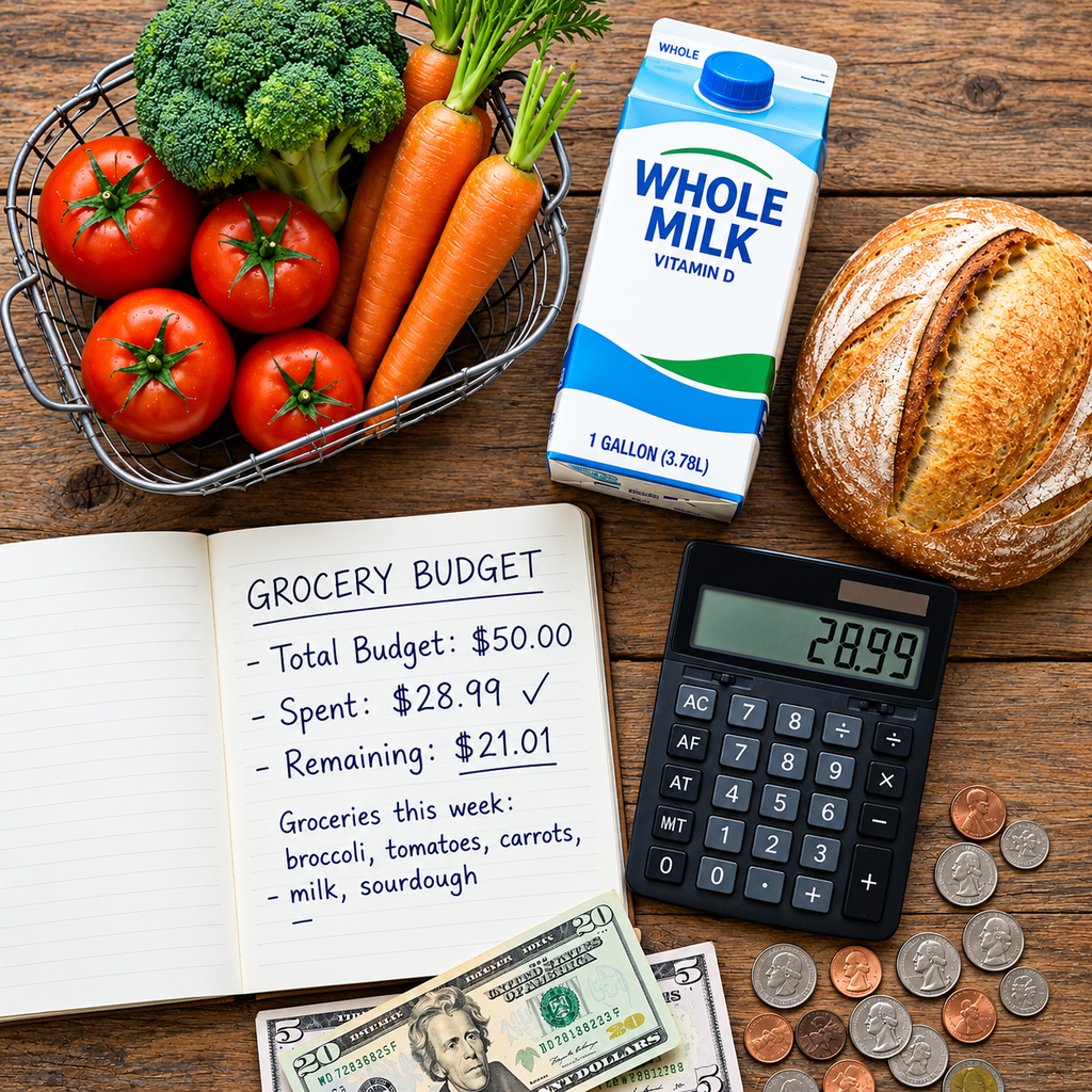 Grocery budget calculator showing monthly food budget planning with fresh vegetables, milk, bread and calculator on wooden table