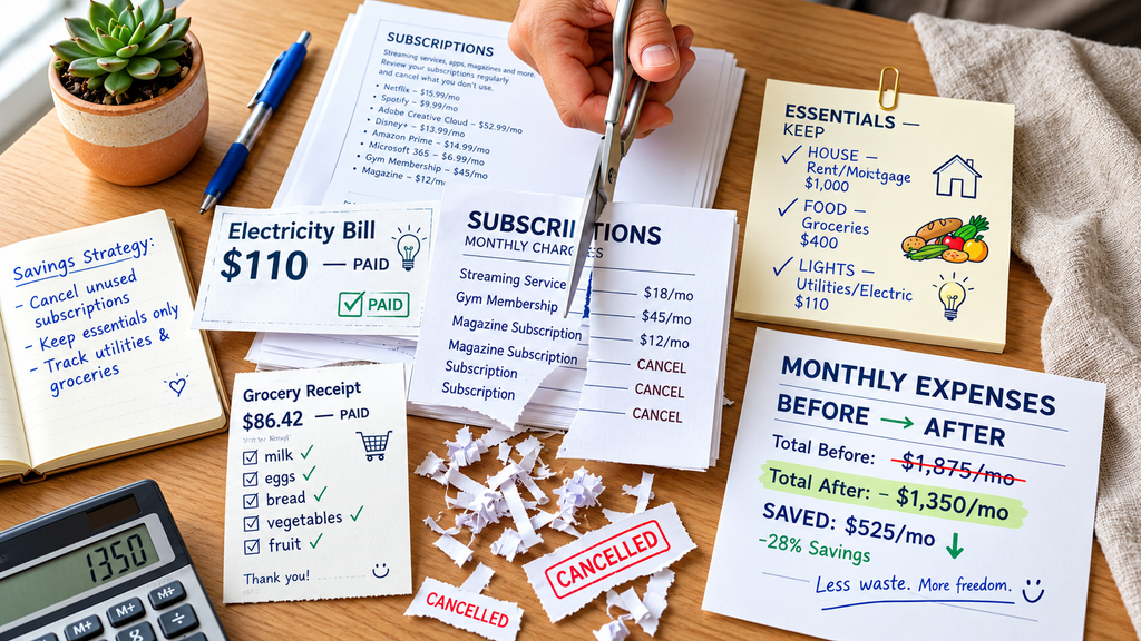 Hand cutting subscriptions with scissors streaming $18 gym $45 magazine $12 canceled, keeping essentials house $1000 food $400 lights $110, monthly expenses before $1875 after $1350 saved $525 28% savings