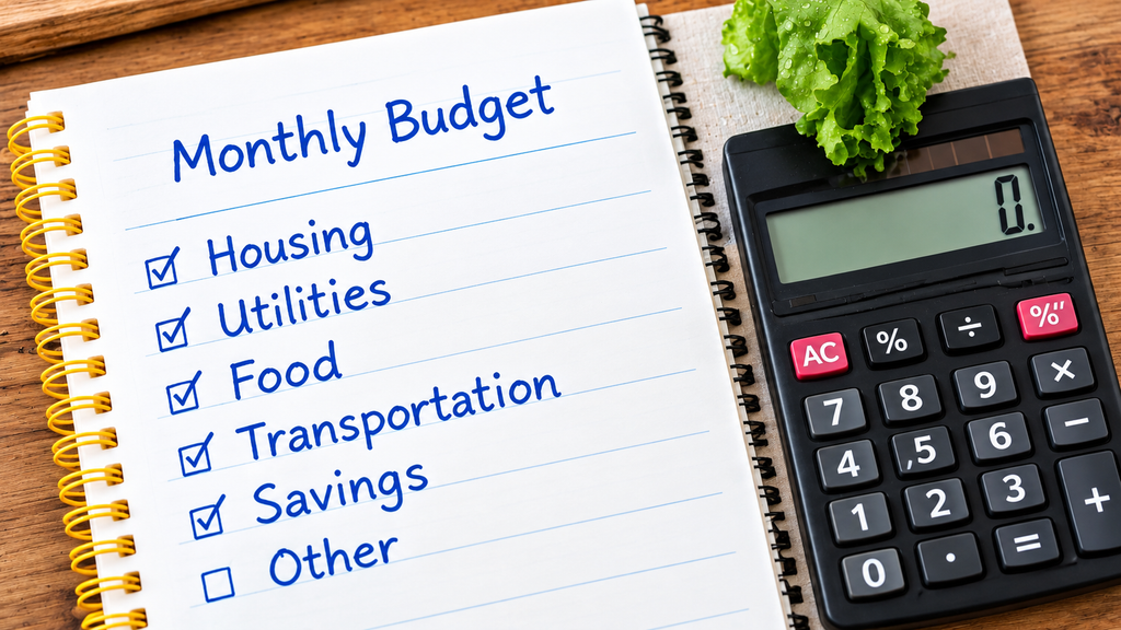 Monthly budget notebook with checklist Housing Utilities Food Transportation Savings Other and black calculator with fresh green lettuce on wooden table