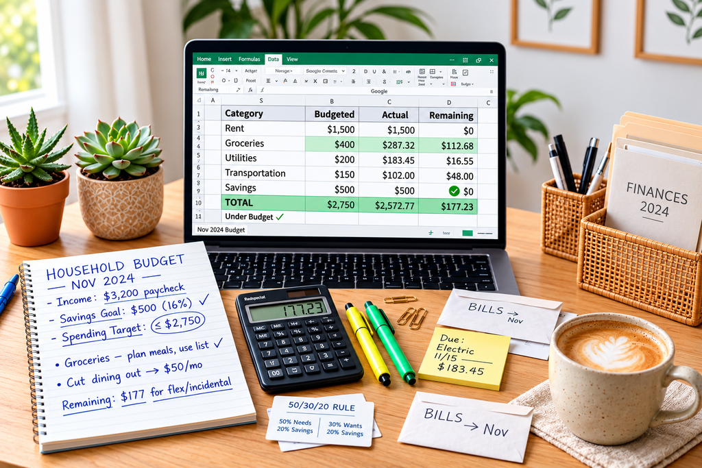 Budgeting and money saving tools with expense spreadsheet on laptop and calculator
