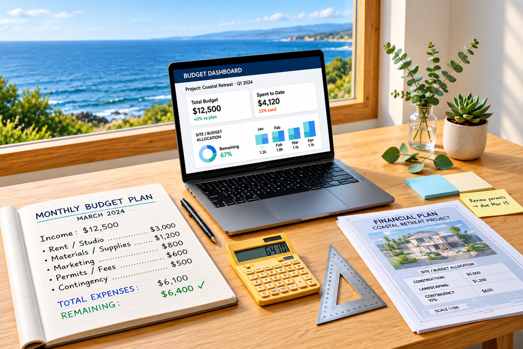 Financial planning workspace with budget dashboard on laptop, monthly budget plan notebook and calculator overlooking ocean view