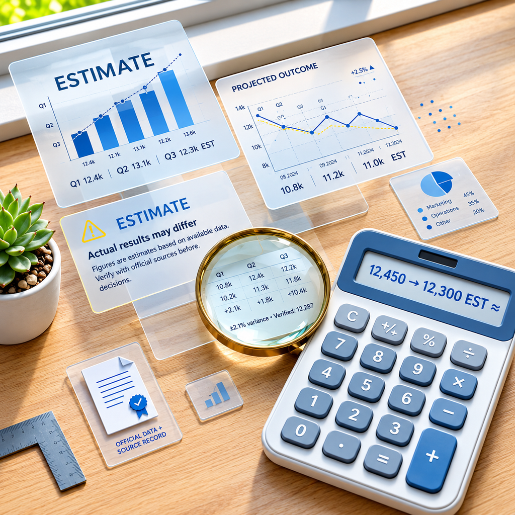 Professional calculator with estimate charts showing actual results may differ disclaimer - informational content not guarantee