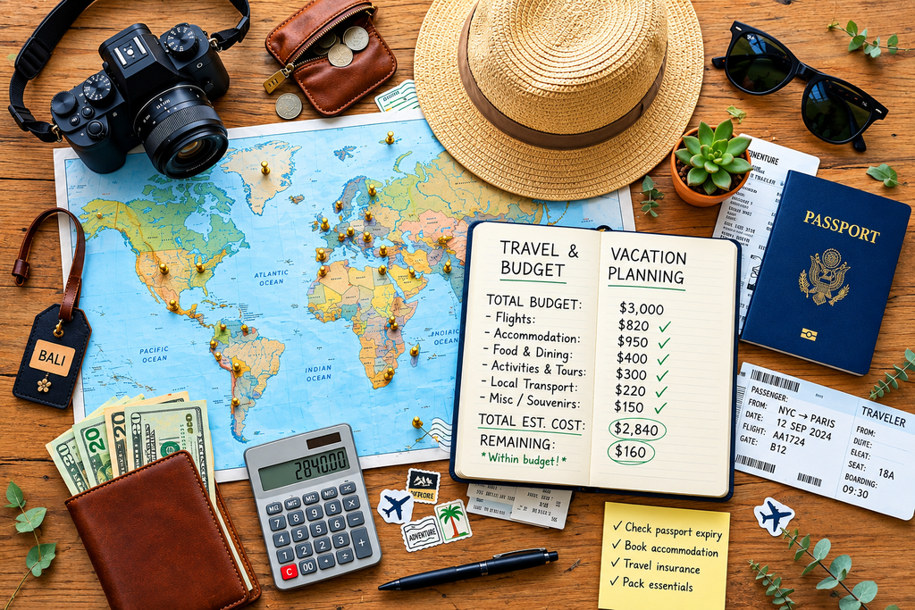Travel and vacation budget planning with world map and trip cost calculator