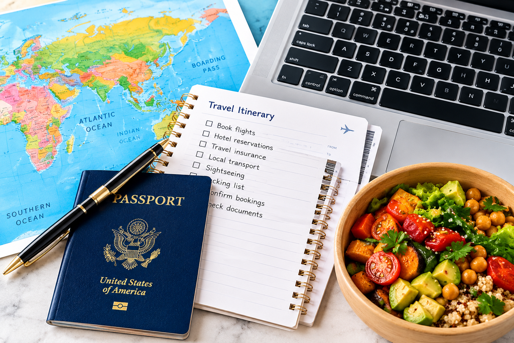 US passport travel itinerary world map with healthy meal bowl and laptop