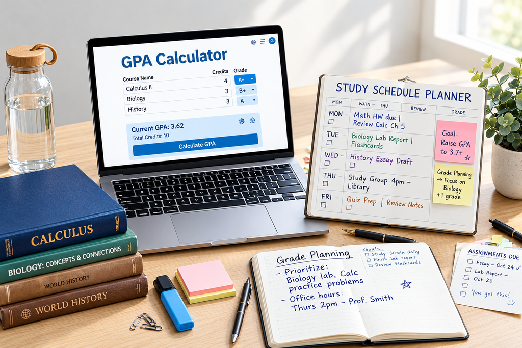 Education and student resources with GPA calculator on laptop for grade planning