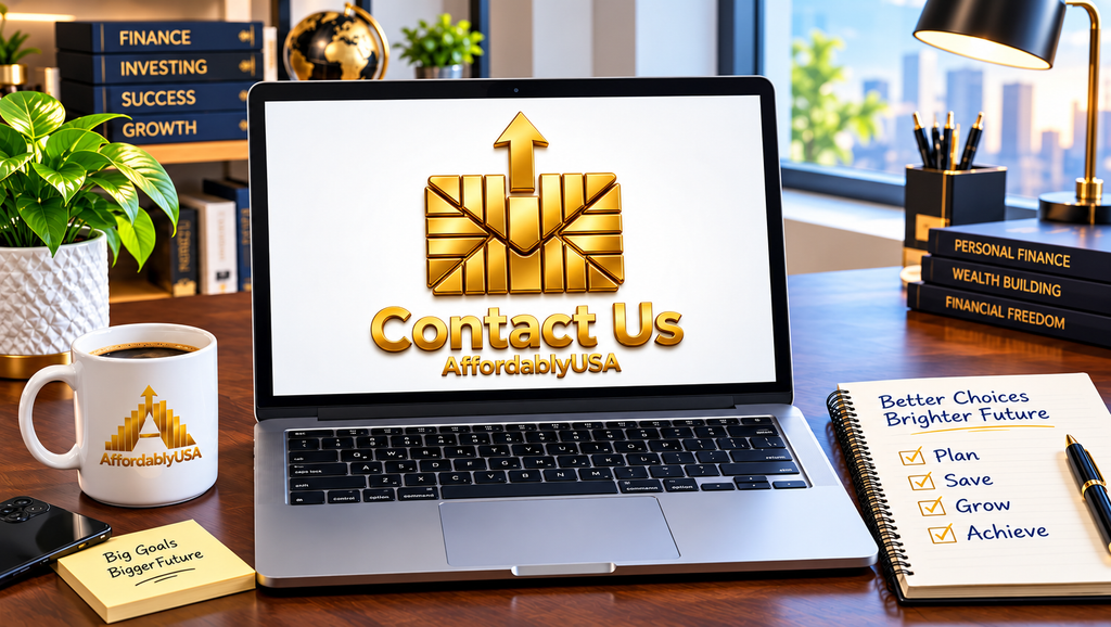 AffordablyUSA Contact Us page golden envelope icon with professional financial workspace