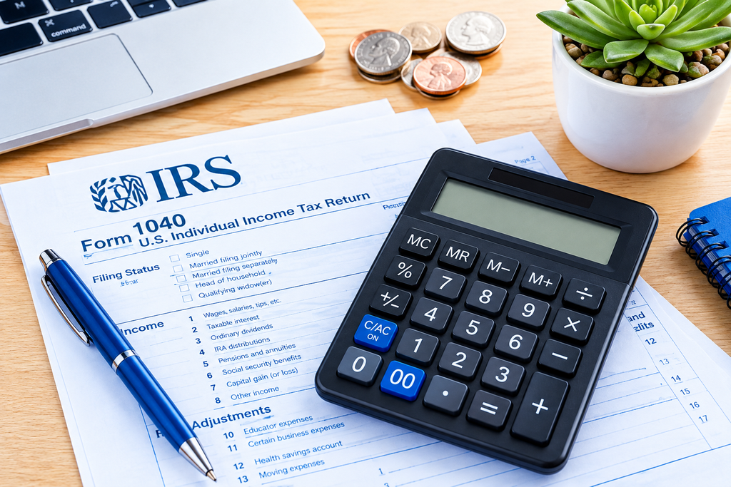 Financial information disclaimer - IRS Form 1040 Individual Income Tax Return with calculator and coins representing budgeting and tax calculators