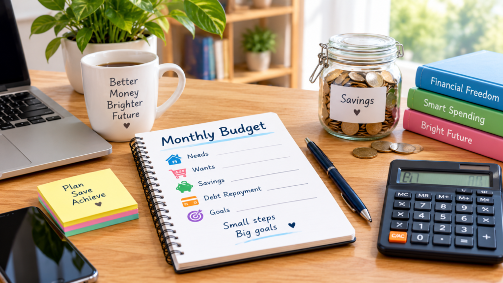 Monthly budget planning workspace with a notebook, calculator, savings jar, and financial planning tools