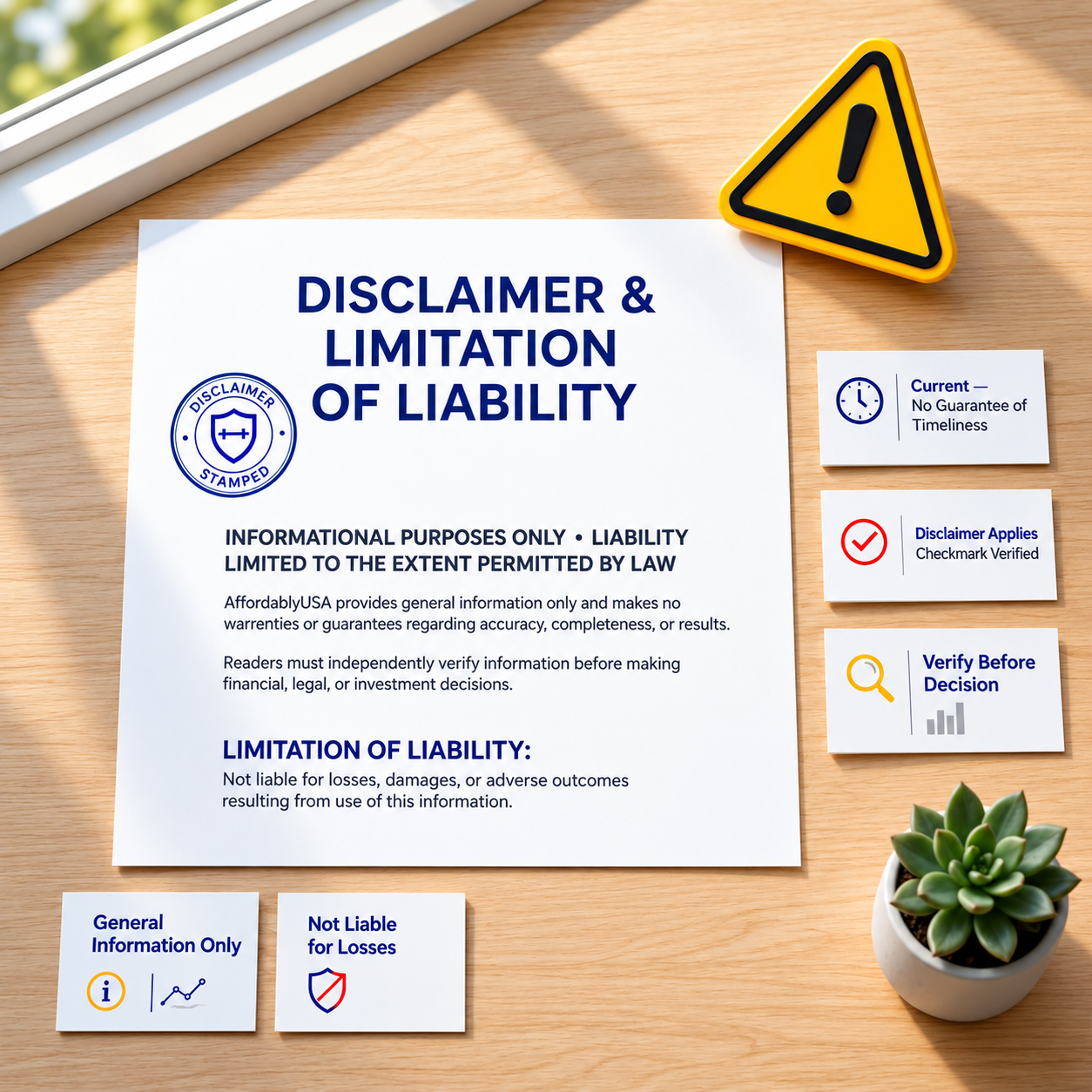 White document titled DISCLAIMER & LIMITATION OF LIABILITY with INFORMATIONAL PURPOSES ONLY text on wooden desk, surrounded by yellow warning triangle sign, blue verification icons, General Information Only and Not Liable notices, and succulent plant