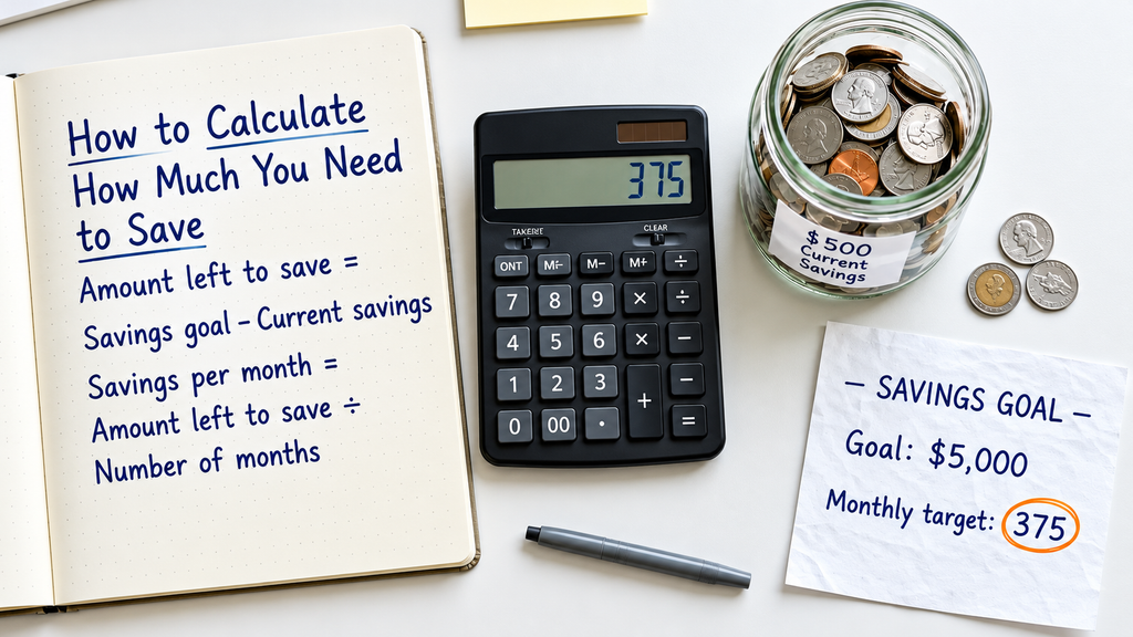 Notebook showing how to calculate savings - formula for amount left to save and monthly target with calculator displaying 375 and $500 current savings jar