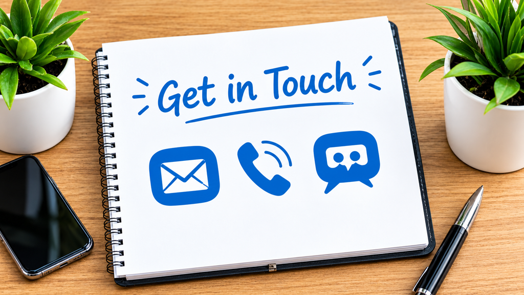 Get in Touch contact notebook with email, phone, and chat support icons on office desk