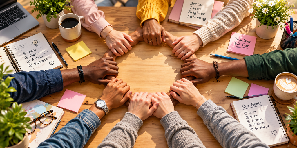 Diverse community hands joined in unity circle on wooden table with planning notebooks - Together we make decisions easier - AffordablyUSA thank you banner