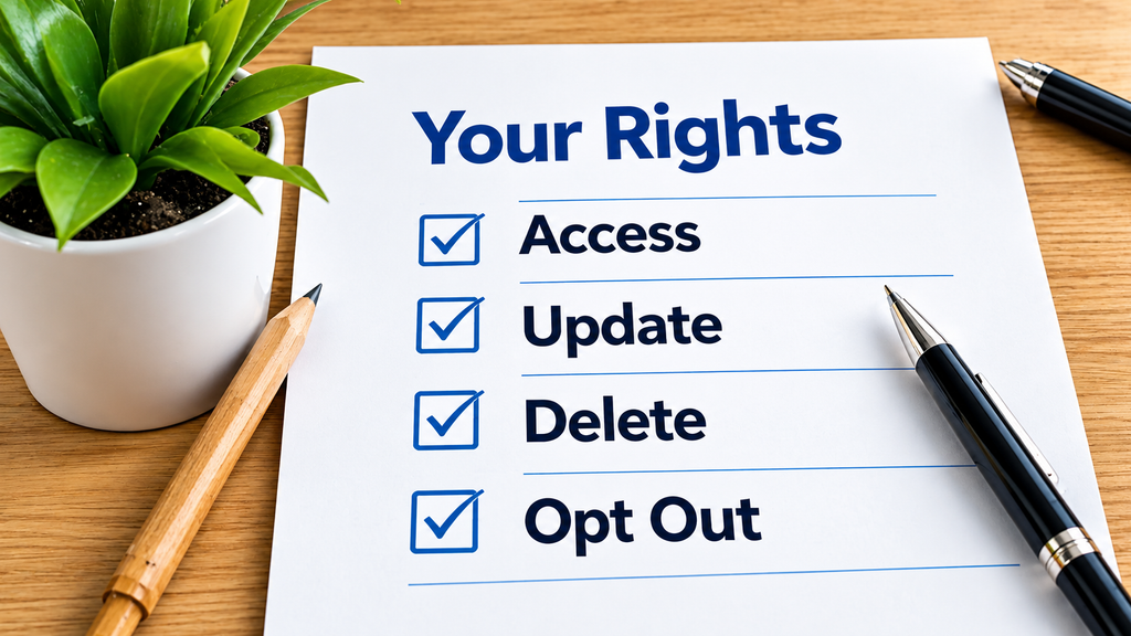 Your Rights checklist showing privacy rights - Access, Update, Delete, and Opt Out options with checkmarks