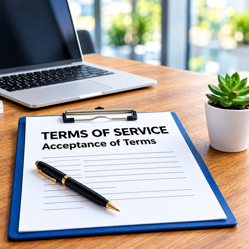 Blue clipboard with Terms of Service Acceptance of Terms document, black pen, and succulent plant on wooden desk with laptop in background