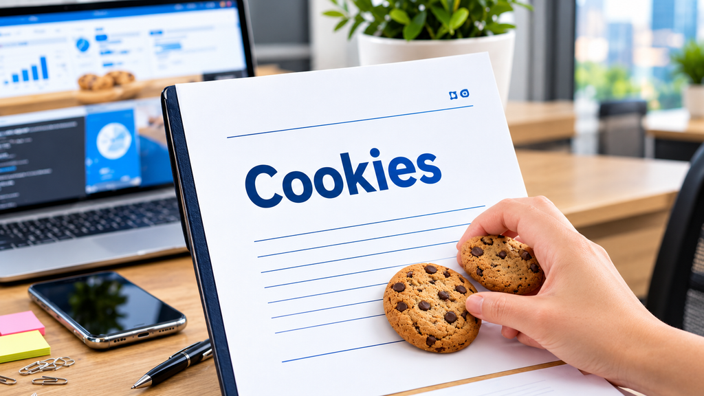 Person holding chocolate chip cookies over document titled Cookies - Visual representation of website cookies policy