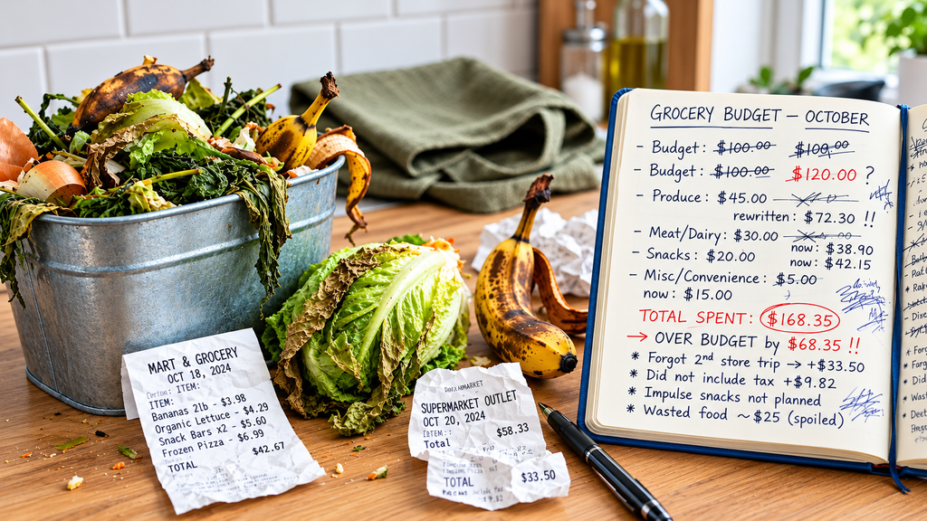 Grocery budgeting mistakes with food waste bin full of wilted lettuce rotten bananas, crumpled receipts Mart & Grocery Oct 18 $42.67 Supermarket Outlet Oct 20 $58.33, notebook Grocery Budget October budget $100 $120 over budget $168.35 over by $68.35 forgot second store trip tax impulse snacks wasted food