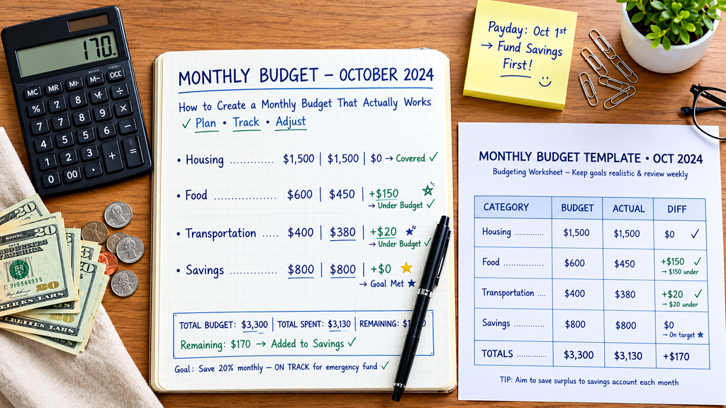 Monthly budget October 2026 notebook showing plan track adjust housing $1500 food $600 transportation $400 savings $800 total $3300 with budget template