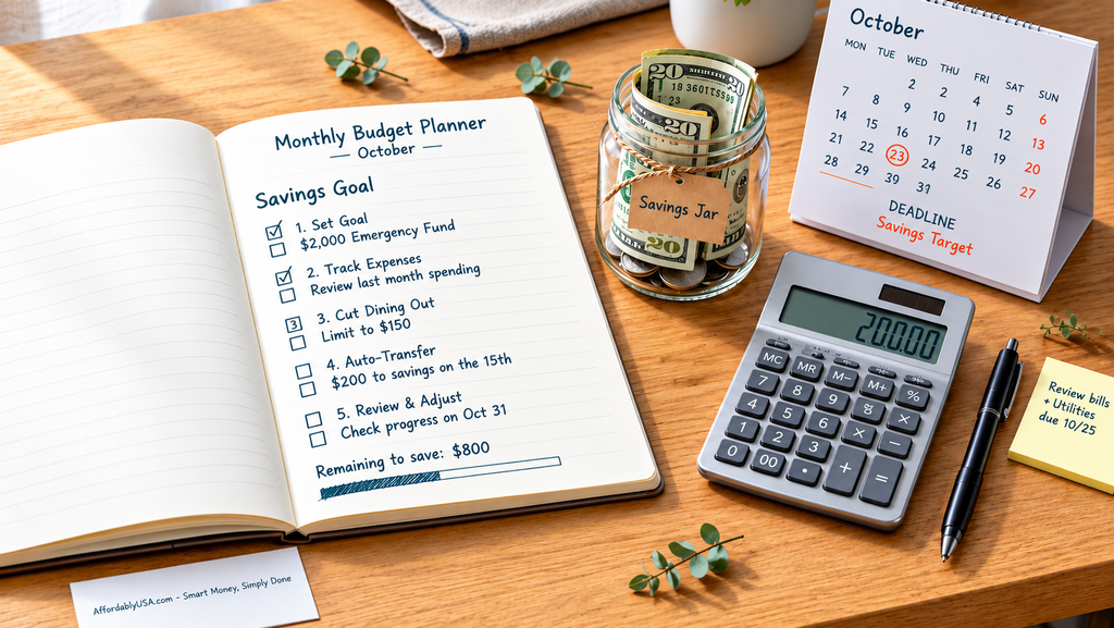 Monthly budget planner notebook with savings goal checklist, glass savings jar, gray calculator and October calendar on desk