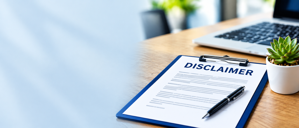Disclaimer document on clipboard with pen and plant on office desk