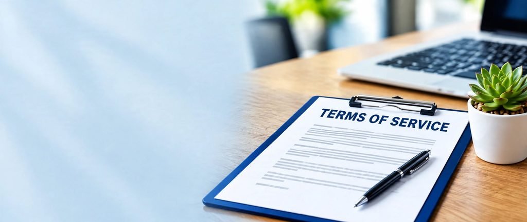 Blue clipboard with Terms of Service document on wooden desk with black pen, small succulent plant in white pot, and blurred silver laptop in background