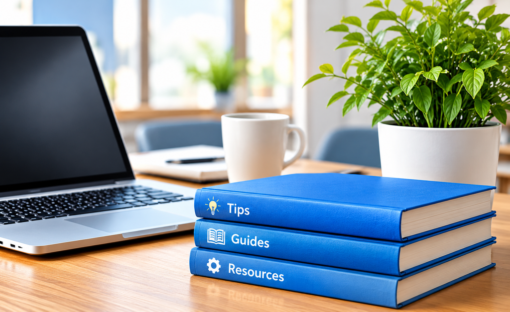 AffordablyUSA educational resources - stacked blue books Tips Guides Resources on wooden office desk with laptop and plant