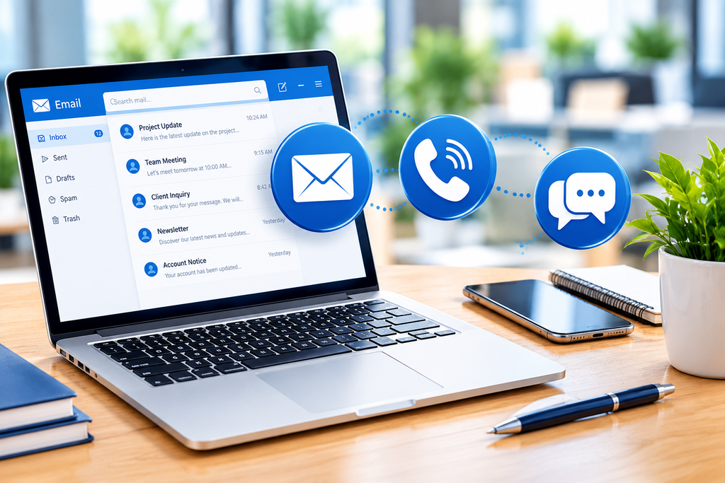 Laptop with email envelope icons and smartphone for contact communication