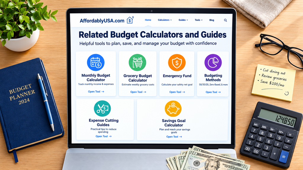 Laptop displaying AffordablyUSA.com Related Budget Calculators and Guides page with monthly budget, grocery budget, emergency fund, budgeting methods, expense cutting, and savings goal calculators on wooden desk with budget planner 2024