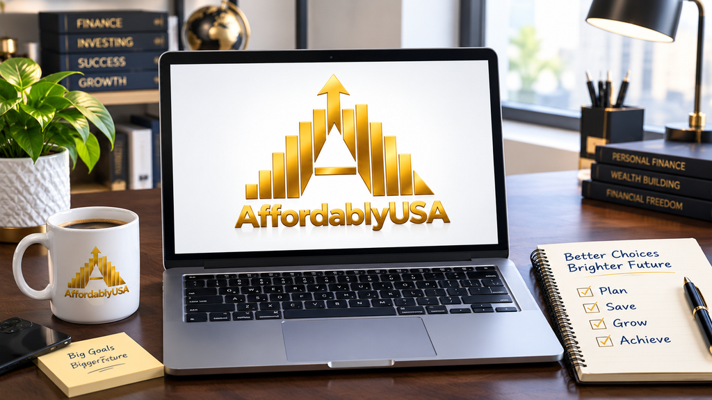 Laptop displaying AffordablyUSA golden growth chart logo on office desk with branded coffee mug and notebook Better Choices Brighter Future Plan Save Grow Achieve