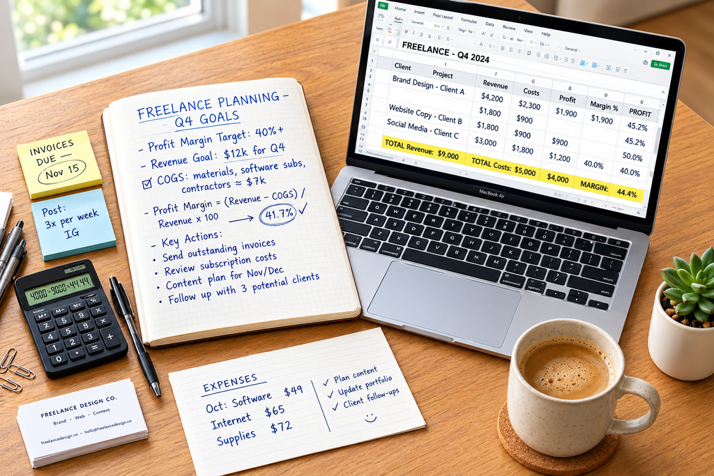 Small business and freelance finance tools with profit margin calculations on laptop