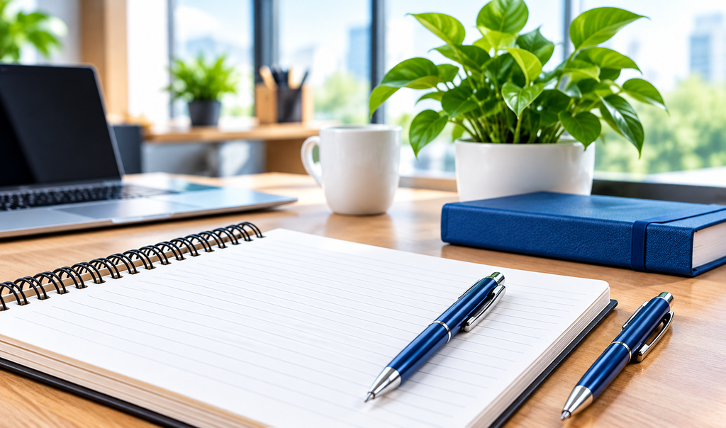 Open notebook with two blue pens on office desk with plant and laptop