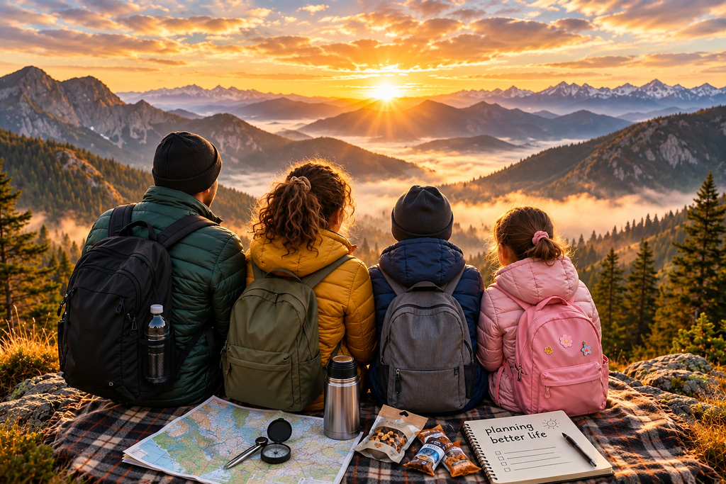 Diverse family with backpacks watching mountain sunrise together with map and compass - Who We Help AffordablyUSA community