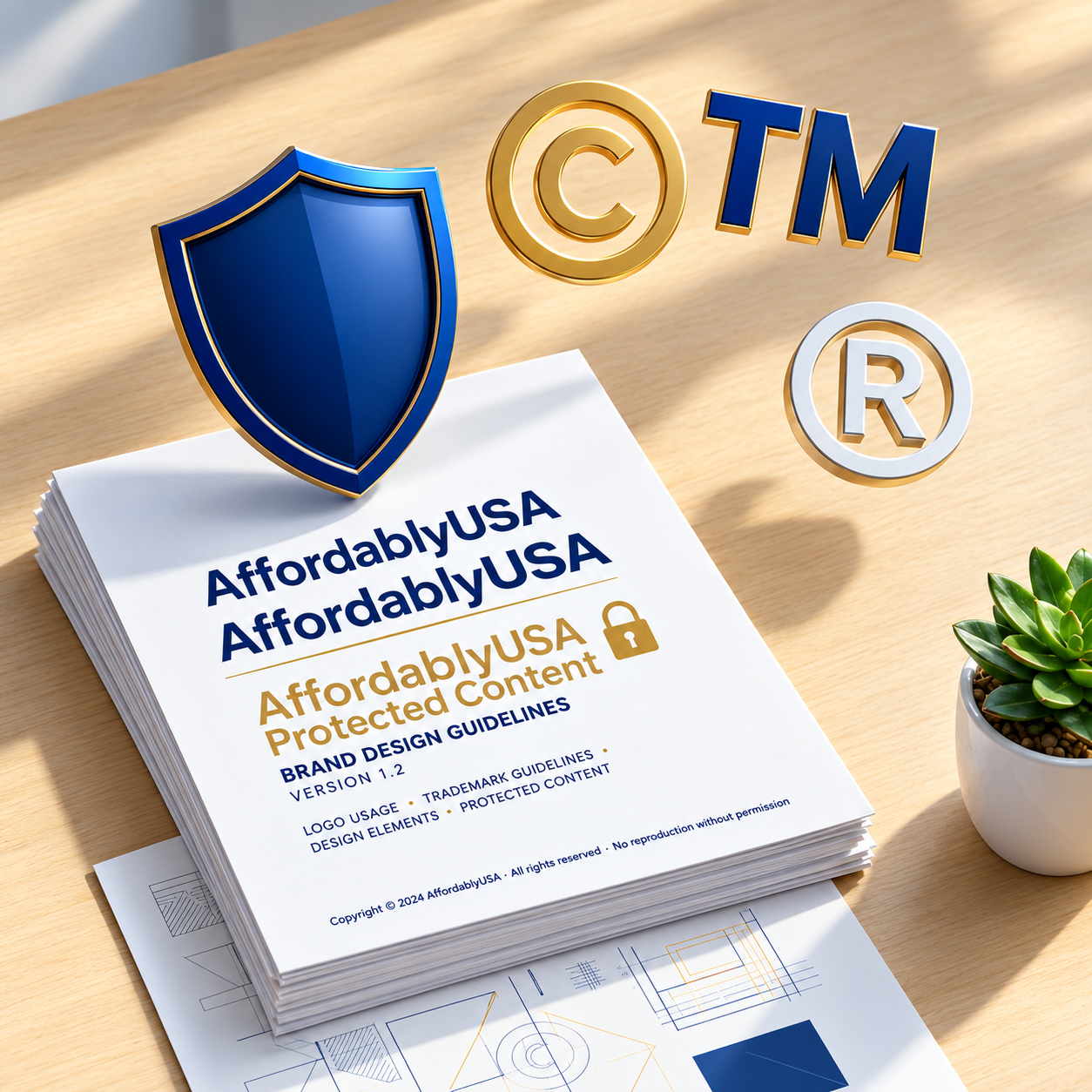 AffordablyUSA protected content brand guidelines with copyright trademark symbols and shield protection
