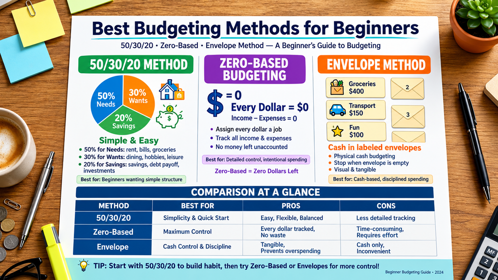 Best budgeting methods for beginners infographic comparing 50/30/20 method pie chart 50% needs 30% wants 20% savings, zero-based budgeting every dollar zero, envelope method groceries $400 transport $150 fun $100