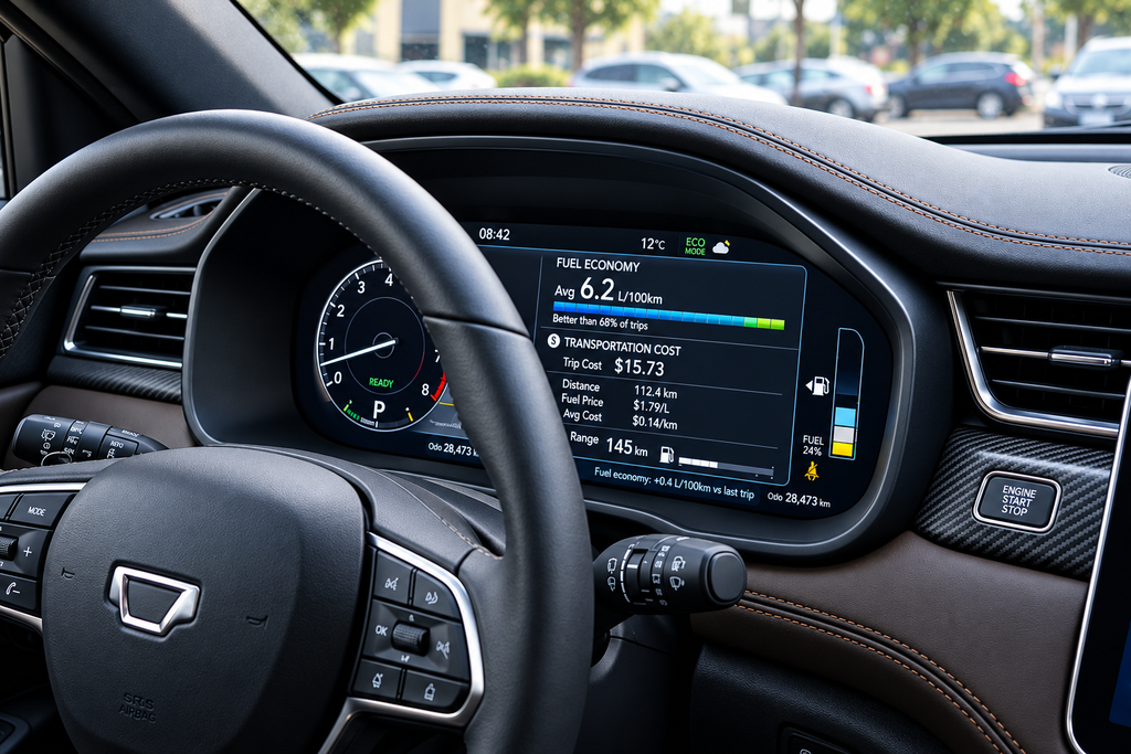 Car dashboard interior for fuel economy and cost of owning a vehicle guide