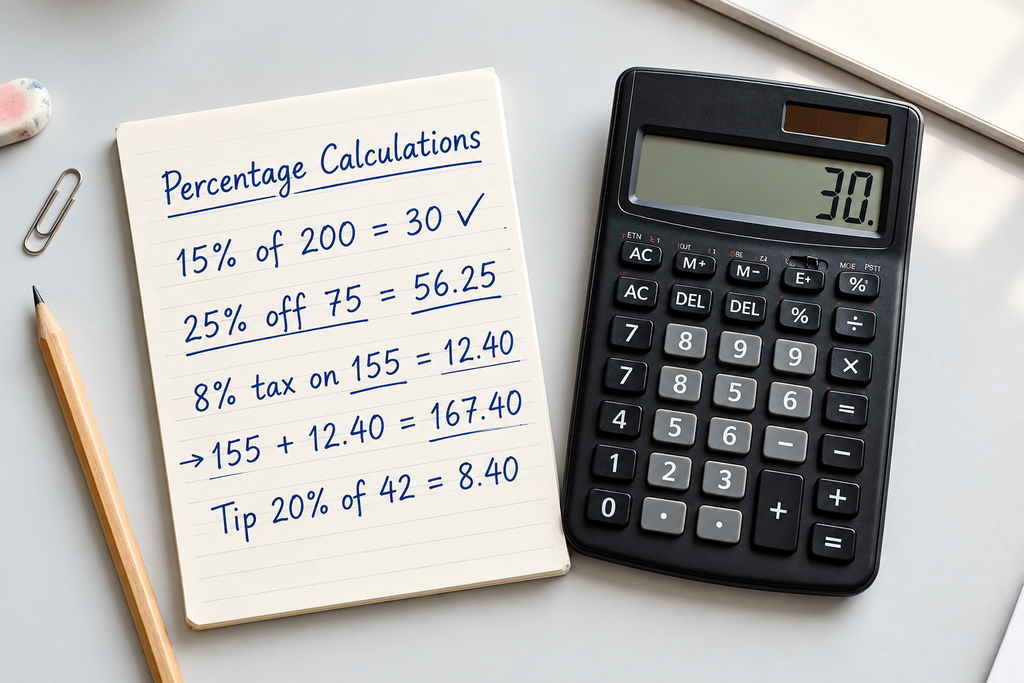 Free everyday calculation tools with percentage calculator and notes