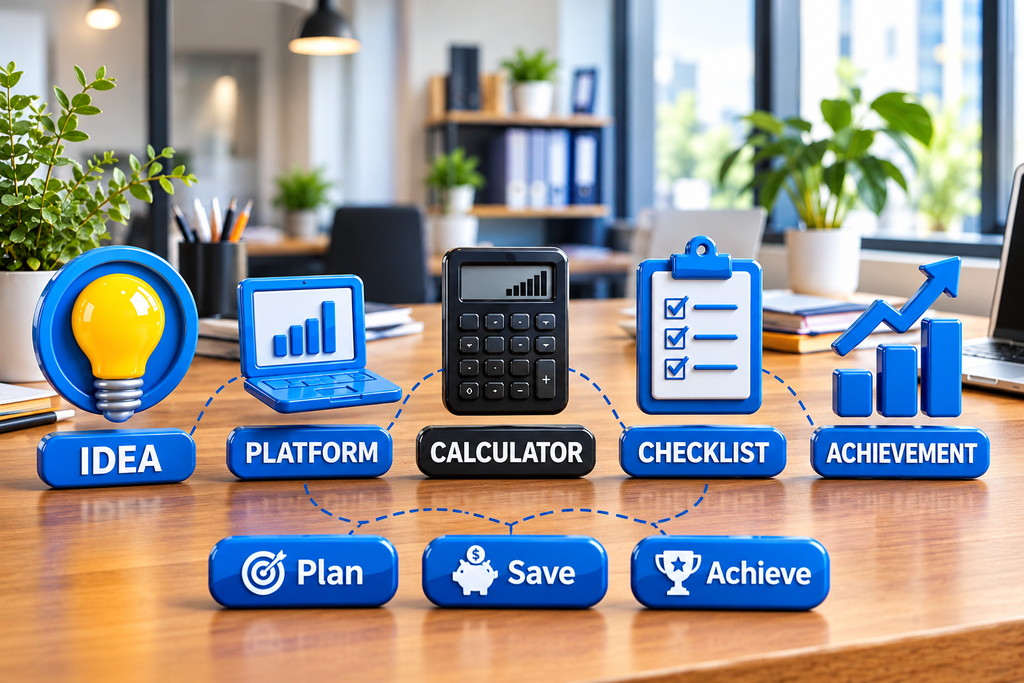 3D icons on office desk showing workflow Idea Platform Calculator Checklist Achievement Plan Save Achieve - AffordablyUSA tools