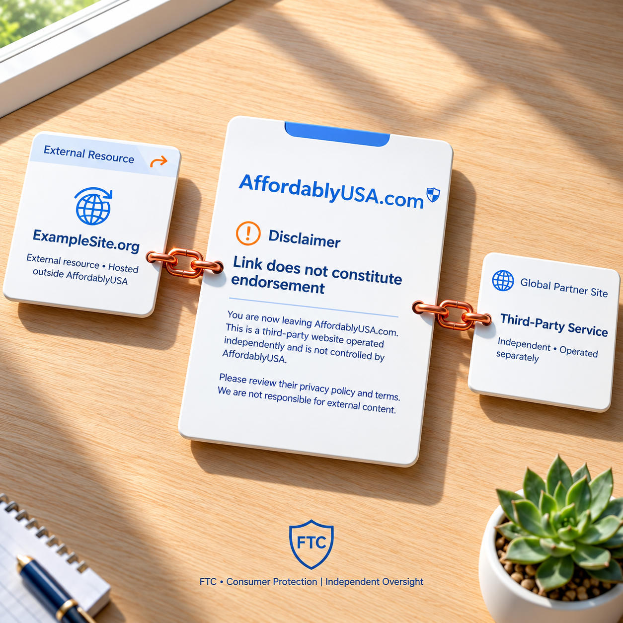 White documents connected by copper chain links on wooden desk showing AffordablyUSA.com disclaimer that link does not constitute endorsement, with external resource ExampleSite.org and FTC Consumer Protection logo and succulent plant