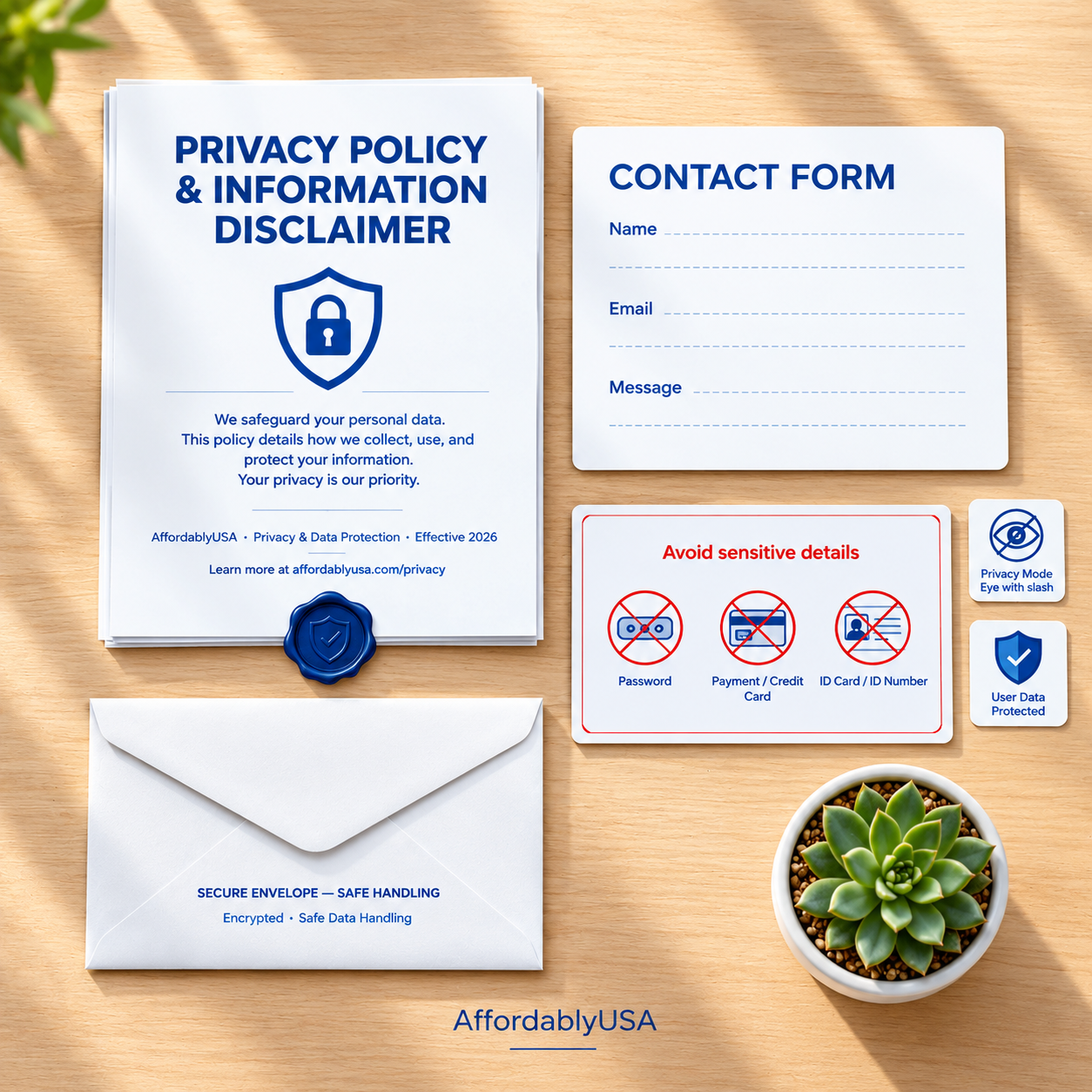 Flat lay on wooden desk with Privacy Policy and Information Disclaimer document with blue shield lock icon, Contact Form, envelope, and red warning icons for password, payment and ID with message Avoid sensitive details and succulent plant