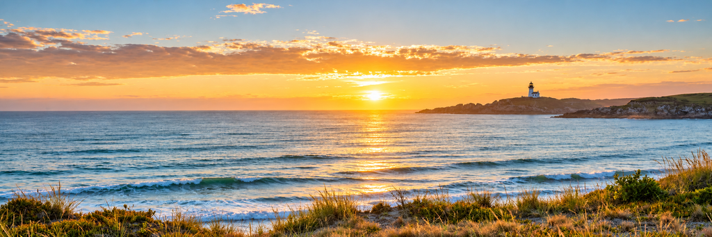Serene ocean sunset at golden hour with calm waves and coastal grass, symbolizing gratitude and togetherness