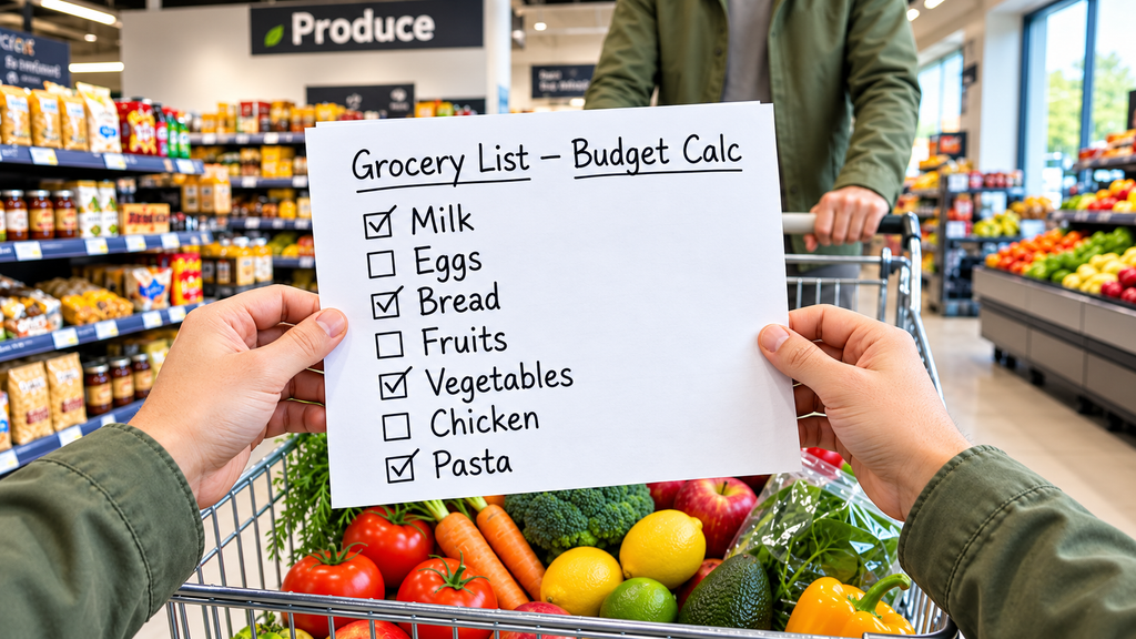 Person holding grocery shopping list with budget calculator checklist in supermarket with cart full of fresh produce