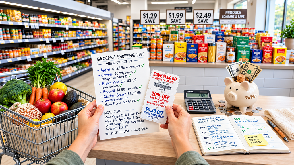 Hands holding grocery shopping list with price comparisons and coupons in supermarket, piggy bank savings with dollars, calculator showing $28.47, cart with fresh produce apples broccoli carrots avocado, price signs $1.29 save $1.99 save $2.49 save