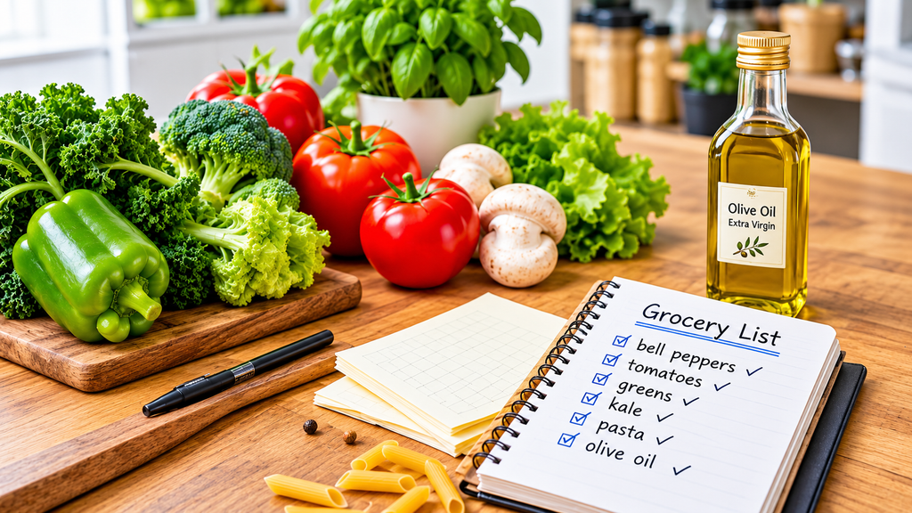 Fresh green bell peppers tomatoes garlic olive oil on wooden kitchen counter with grocery list notebook showing bell peppers tomatoes greens kale pasta olive oil checklist