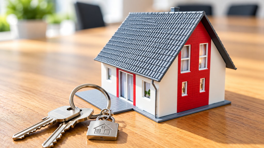 Small model house with red and white facade and gray roof next to house keys with keychain on wooden table